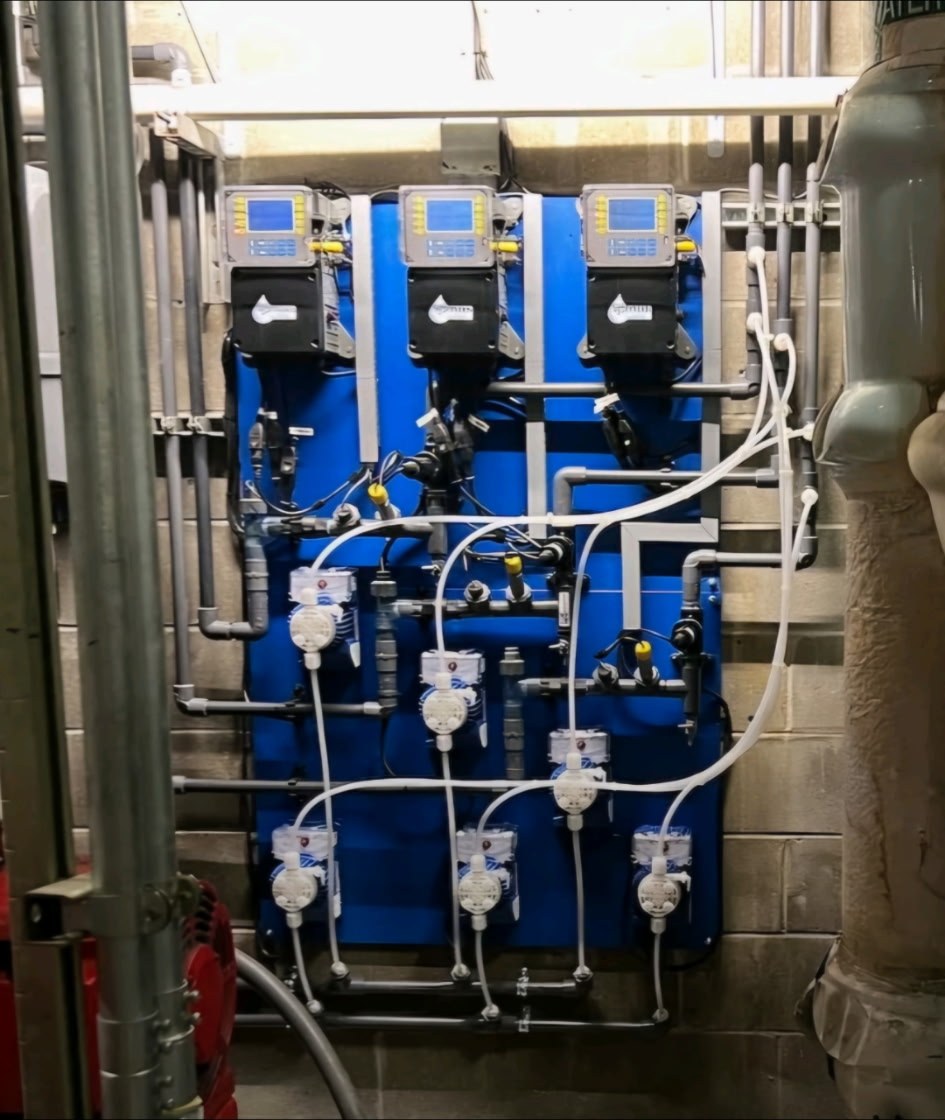 Closed-loop skid with three Advantage controllers and six metering pumps installed by Hoffman Water
