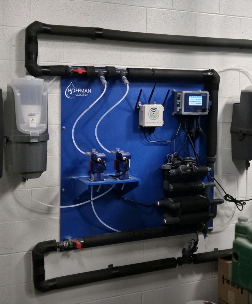 Hoffman Water branded cooling tower treatment panel with controller and metering pumps
